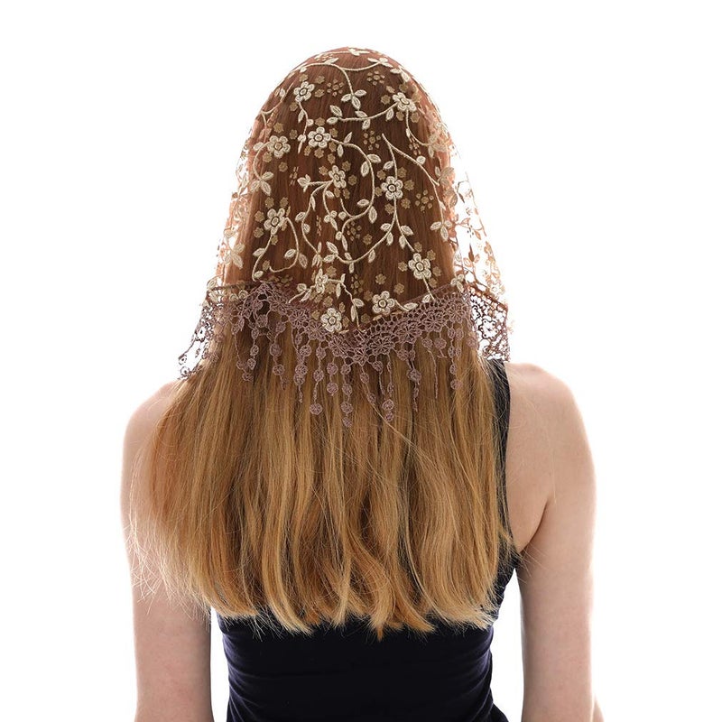 LMVERNA Triangle Floral Veils Tulle Scarf Head Covering for Church (Nude) - Image 3